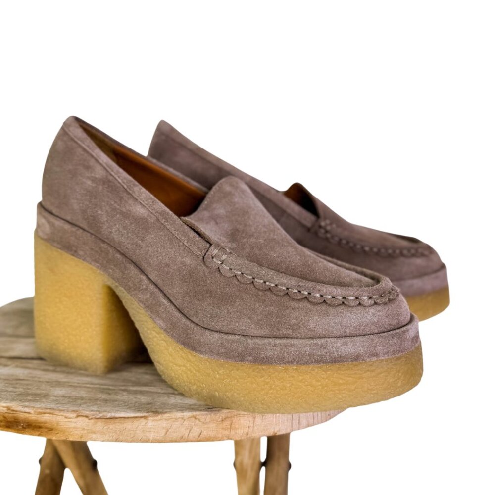 Marc Fisher Suede Platform Loafers Taupe Chunky Heel Shoes – Women’s 7.5